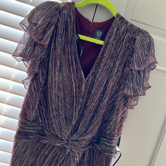 VINCE CAMUTO SHIMMERY RUFFLE SHOULDER DRESS(PURPLES, SILVERS, BLACKS) - Picture 2 of 5